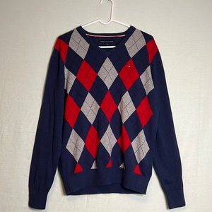Tommy Hilfiger Medium Navy Blue, Red and Grey V-Neck Sweater